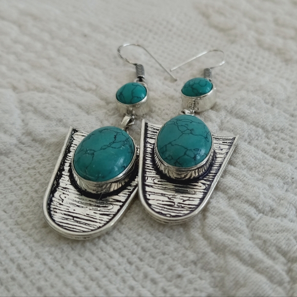 Artisan Turquoise 925 Sterling Silver Earrings Southwestern Handmade Western Big - Picture 3 of 7